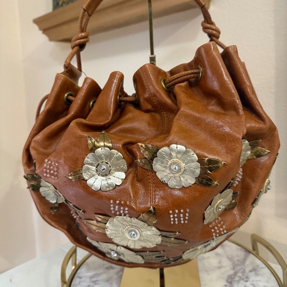 Cole Haan G Series Cognac Leather Drawstring Bag with Flowers - NWT - Picture 1 of 15